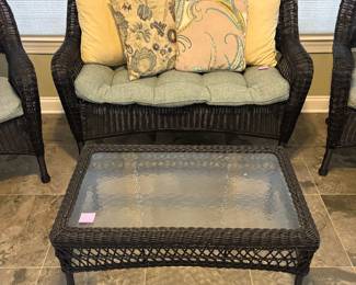 R30 - $250. 4 Piece Patio Set - Used in a sunroom and Like New Condition! Includes Loveseat (51" long), Pair of Arm Chairs (28" wide) & Coffee Table (35" wide x 21" deep x 17" tall). Just in time for Spring! Woven Plastic giving it a wicker look.
