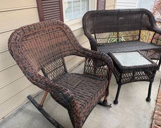 R67 - $100. Porch Rocking Chair & Bench with 1 side table. No cushions - but still in very good shape. 