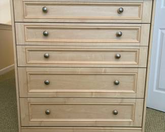 R14 - $75. 5 Drawer Dresser with Natural Wood Finish. (Pressed Wood) Excellent Condition, all drawer slides work well. Measures 37.5" wide x 19" deep x 39.25" tall. 