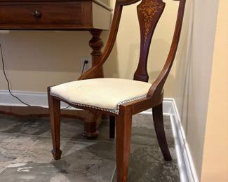 R39 - $85. Victorian Nursing Chair / Single Side Chair. Needs reupholstered - has 2 holes in the fabric. Beautiful inlay design. 