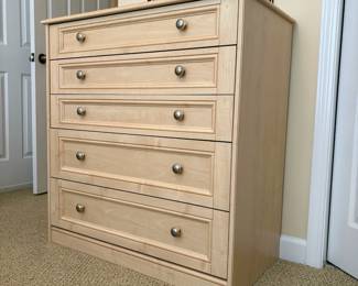 R14 - $75. 5 Drawer Dresser with Natural Wood Finish. (Pressed Wood) Excellent Condition, all drawer slides work well. Measures 37.5" wide x 19" deep x 39.25" tall. 