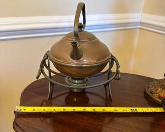 R75 - $50. A Late 19th Century Copper & Brass Spirit Kettle & Burner. William Soutter & Sons Birmingham. Mineral Buildup inside. 