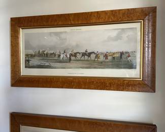 R28 - $250. Pair of Antique Equestrian Engravings. "Preparing to Start" & "Training". Engraved by Sutherland. Measures 22.25" x 11.5" tall. Beautiful antique wooden frames.