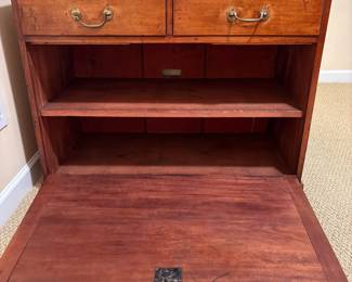 R12 - $375. Antique English Coffer / Chest with 2 drawers and drop down front. (Brought from England) Measures 39.5" x 21" deep x 30" tall. Has original key and does lock! Drop front has a little warping on the left side but it does close and lock. 