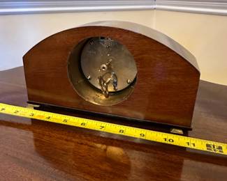 R80 - $75. Satinwood Mantle Clock with 4 brass feet. WORKS! French Movement. Measures 9.5" wide x  3" deep x  5.5" tall. 