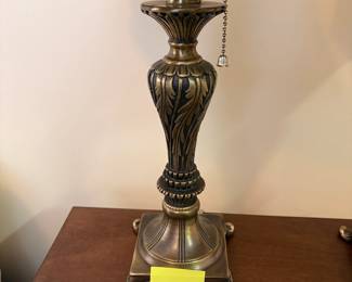 R2 - $30. PAIR Gold/Bronze Toned Table Lamps. Measures 22.5" tall. Shades are both great!