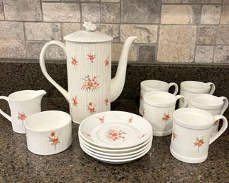 R56 - $75. Crown Staffordshire "Dianne" Fine Bone China. England. Coffee Pot, Creamer & Sugar. 5 Cups & Saucers. 