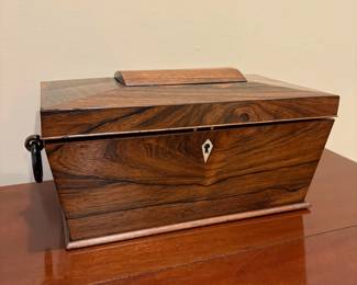 R36 - $150. Antique English Tea Caddy with Original Glass Mixing Bowl. Has the key - outside is in excellent antique condition! Aprox. 12" long. 