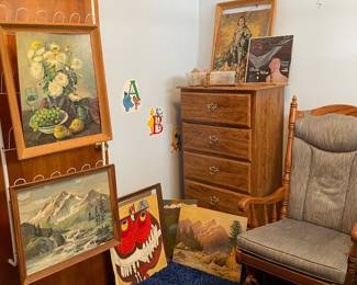 Paintings, rocking chair, dresser