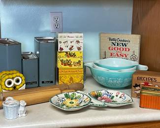 Fun Pyrex, canisters, recipe boxes, and more