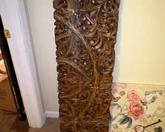 Vintage Hand Carved Teak Wood Wall Panel