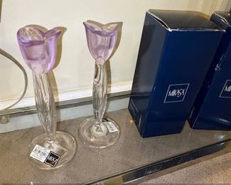 Mikasa Spring Aria Laven Full Lead Crystal Tulip Candlestick Holders Set of  second image