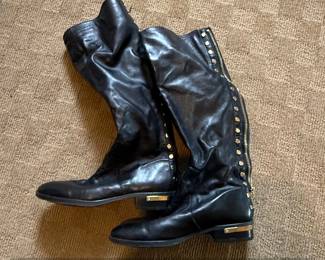 Black Leather KneeHigh Boots with Gold Tone Studs and Zippers by Michael Kors