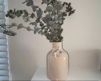 Cream Ceramic Vase with Floral Appliqus and Eucalyptus Stems