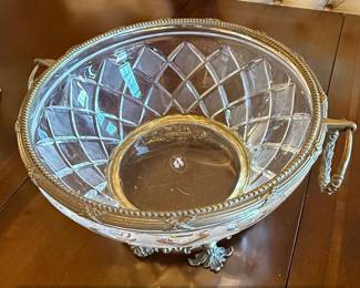 Vintage Crystal Punch Bowl with Silver Tone Metal Frame and Figural Medallion