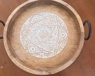 Round Mango Wood Serving Tray with Embossed Medallion and Metal Handles