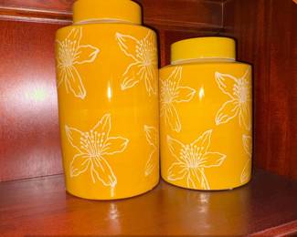 Yellow Ceramic Canisters with White Floral Design Set of 2