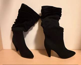 Black Suede Slouch KneeHigh Boots with Block Heels
