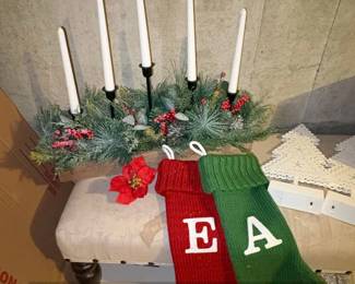 Christmas Advent Candle Holder with Evergreen Garland and Stockings