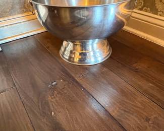 Silver Tone Metal Punch Bowl with Pedestal Base and Ring Handles