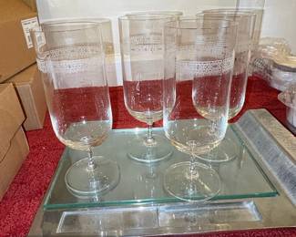 Vera Wang for Wedgwood Crystal Grosgrain Pattern Footed Tumblers with Tray