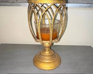 Gold Tone Metal and Glass Hurricane Candle Holder