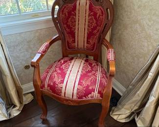 Antique Louis XV Style Armchair with Red and Gold Damask Upholstery