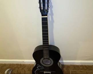 Black Classical Acoustic Guitar with Decorative Inlay