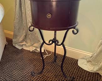 Round Drum Side Table with Wrought Iron Base