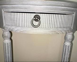 Gray Faux Wood Demilune Pedestal Side Table with Drawer fourth image