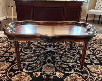 Antique Mahogany Coffee Table with Scalloped Tray Top and XStretcher second image