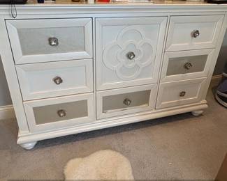 White Dresser with Mirrored Accents and Crystal Knobs