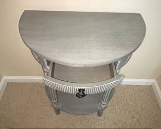 Gray Faux Wood Demilune Pedestal Side Table with Drawer second image