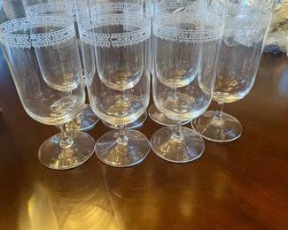Set of Vintage Crystal Water Goblets with White Geometric Band