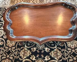 Antique Mahogany Coffee Table with Scalloped Tray Top and XStretcher
