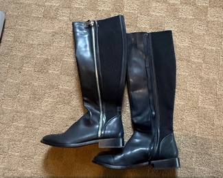 Michael Kors Black Leather KneeHigh Boots with Side Zipper and Elastic Panel