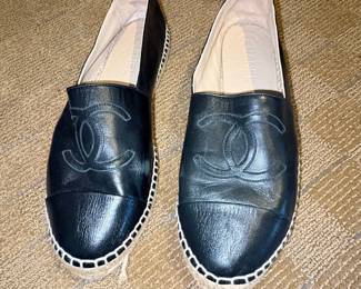 Chanel Black Leather Espadrille Flats