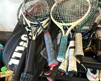 Assorted Tennis Rackets and Wilson Tennis Bag