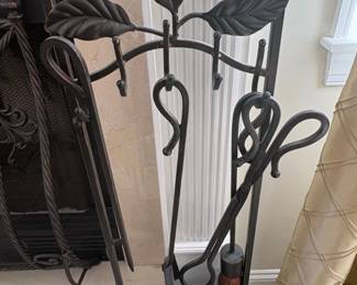 Wrought Iron Fireplace Tool Set with Leaf Motif and Twisted Handles
