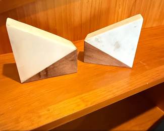 Modern Geometric Marble and Wood Bookends Set