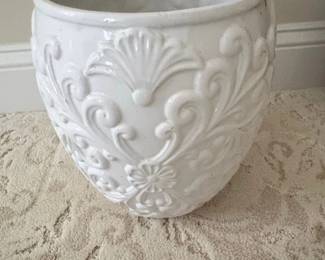 White Ceramic Planter with Embossed Scrollwork and Floral Motif