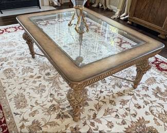 Schnadig Carved Wood Coffee Table with Glass Top