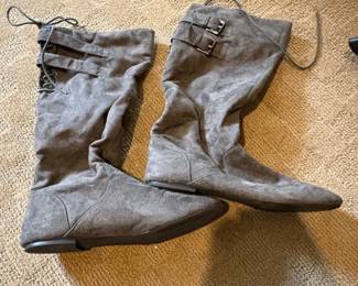 Womens Grey Faux Suede LaceUp Buckle KneeHigh Boots