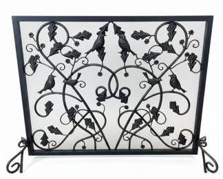 Ornate Wrought Iron Fireplace Screen with Birds and Foliage