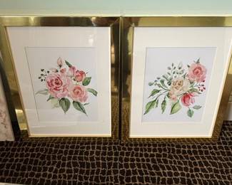 Pair of Floral Watercolor Prints in Gold Tone Frames