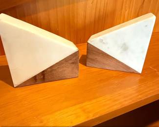 Modern Geometric Marble and Wood Bookends Set second image