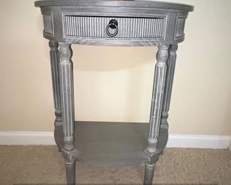 Gray Faux Wood Demilune Pedestal Side Table with Drawer