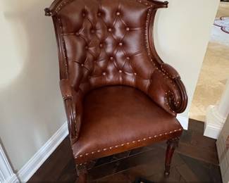 Brown Tufted Leather Wingback Accent Chair with Carved Wooden Legs