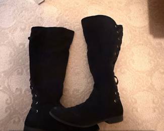 Black Faux Suede KneeHigh Boots with LaceUp Back