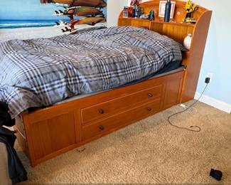 OSHOME Warm Honey Wood Captain Bed with Storage and Bookcase Headboard
